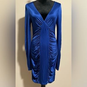 NWOT BCBGMaxAzria Blue V-Neck Ruched Dress size small